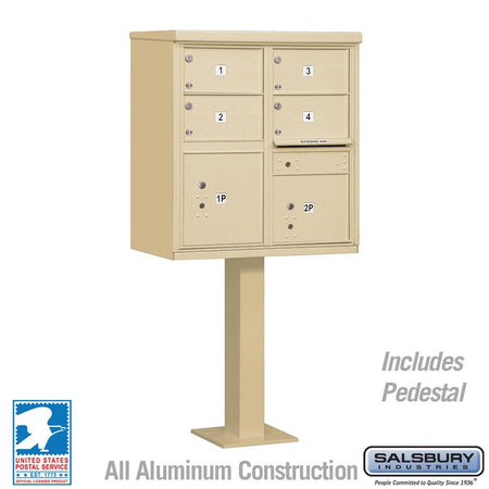 Commercial Cluster Box Unit with 3 mailboxes and 2 package boxes in sandstone