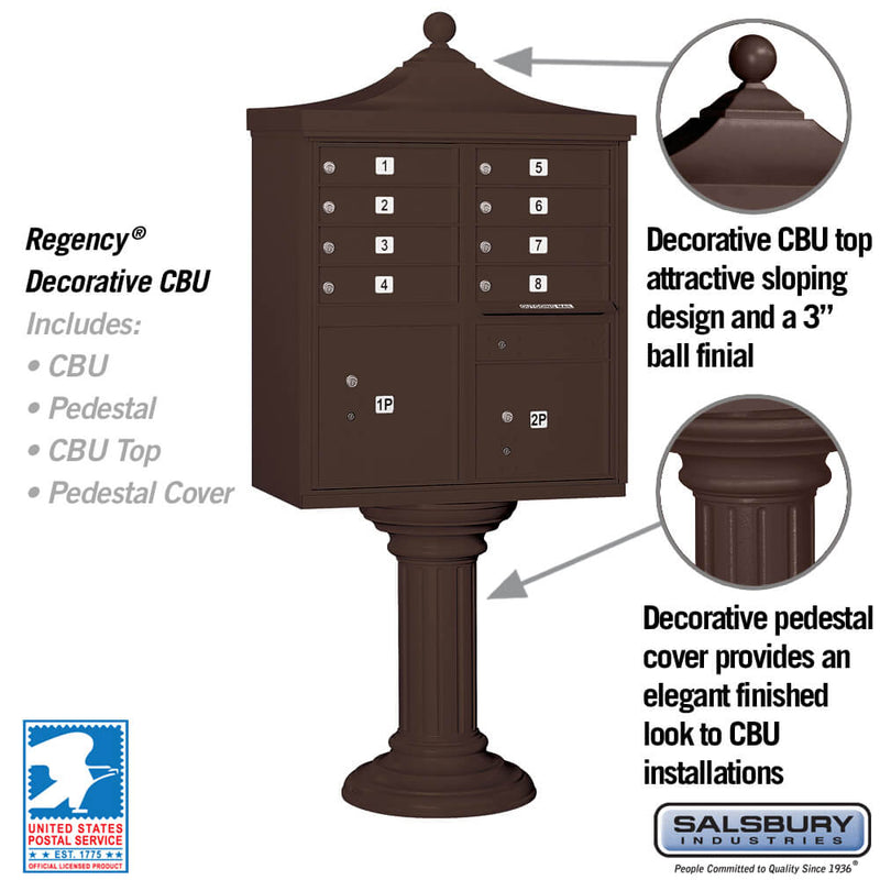 Salsbury Regency Decorative Cluster Box Unit with 8 Doors and 2 Parcel Lockers - USPS Access – Type I