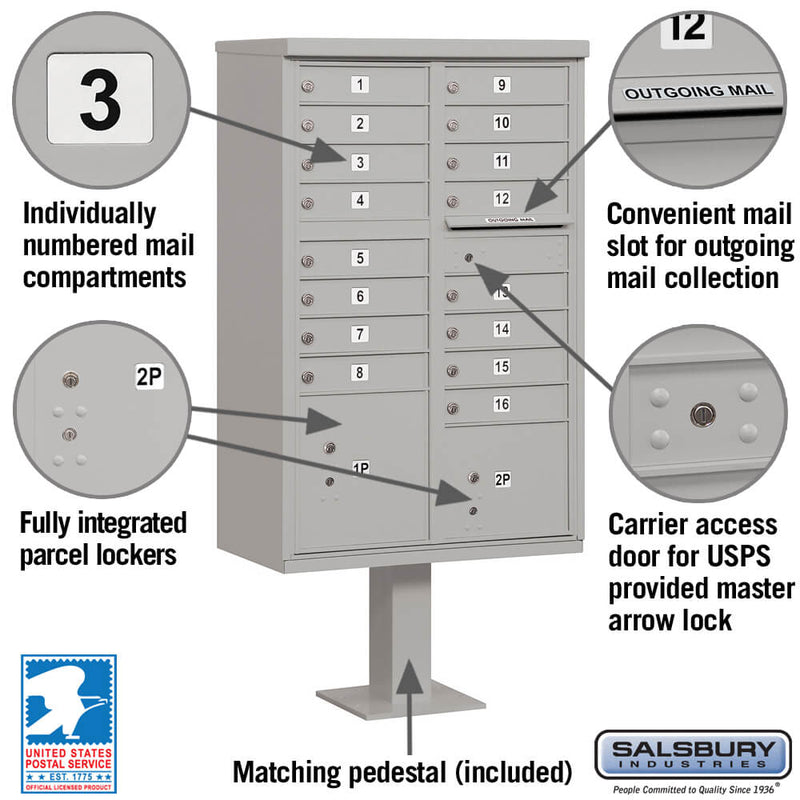 Salsbury Cluster Box Unit with 16 Doors and 2 Parcel Lockers - USPS Access – Type III