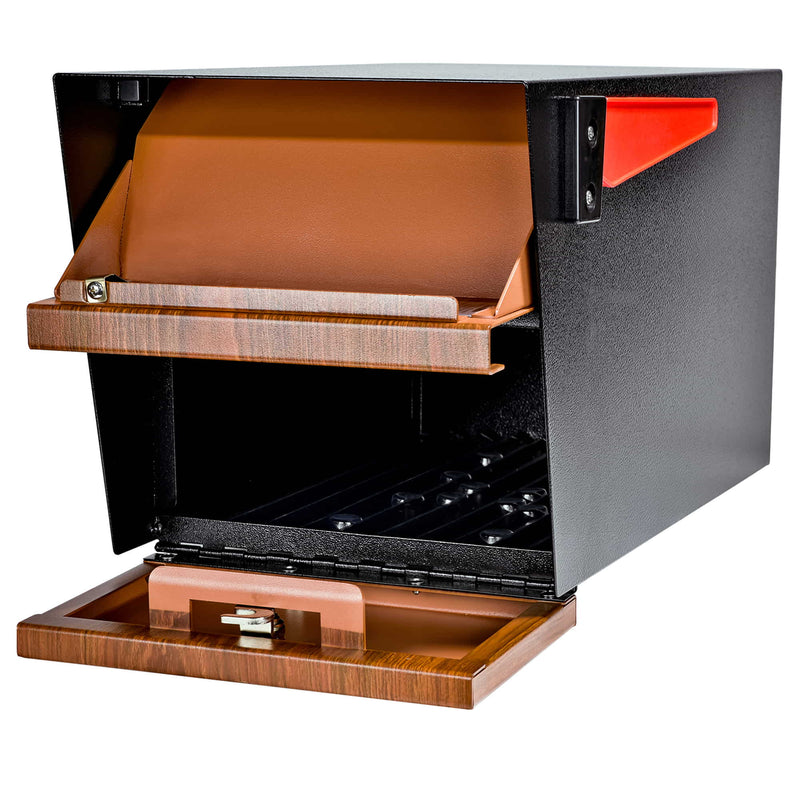 MailBoss Mail Manager front incoming and retrieval area open - Wood Grain