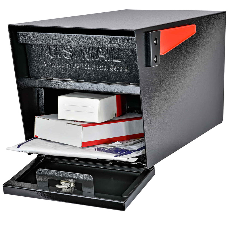 MailBoss Mail Manager front retrieval area open with package and mail - Black