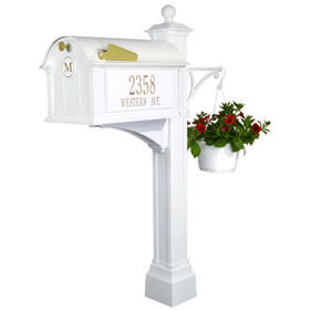 Whitehall Balmoral Mailbox and Post Package with Monogram, Side Plaques, Ball Finial and Plant Hanger - MailboxEmpire#color_white