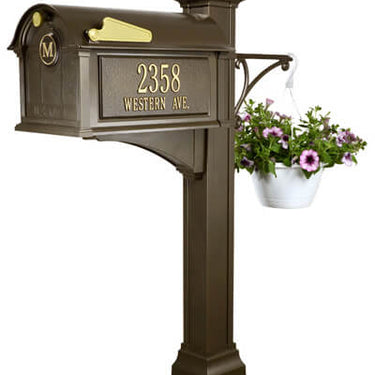 Whitehall Balmoral Mailbox and Post Package with Monogram, Side Plaques, Ball Finial and Plant Hanger - MailboxEmpire#color_bronze