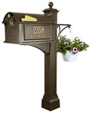 Whitehall Balmoral Mailbox and Post Package with Monogram, Side Plaques, Ball Finial and Plant Hanger - MailboxEmpire